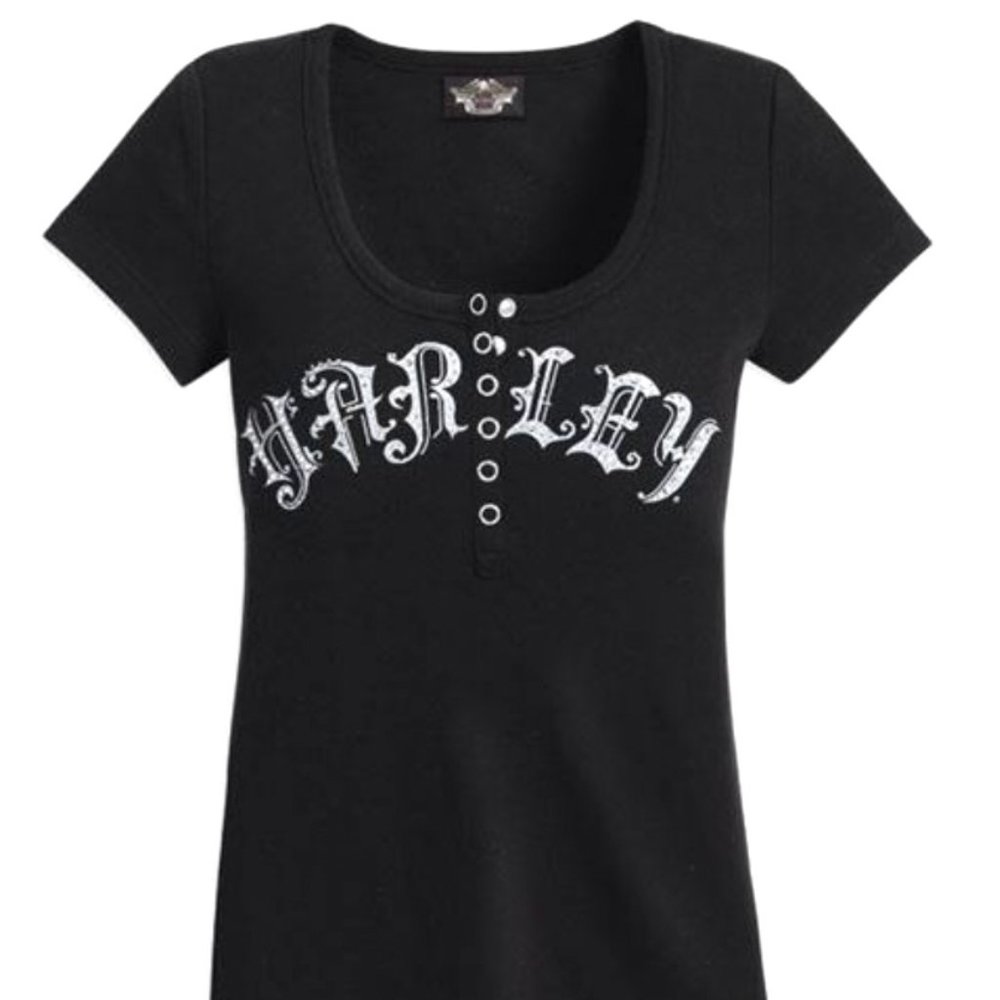 Harley Davidson Skull Bling Ribbed S/S T Shirt size S, very stretchy vintage